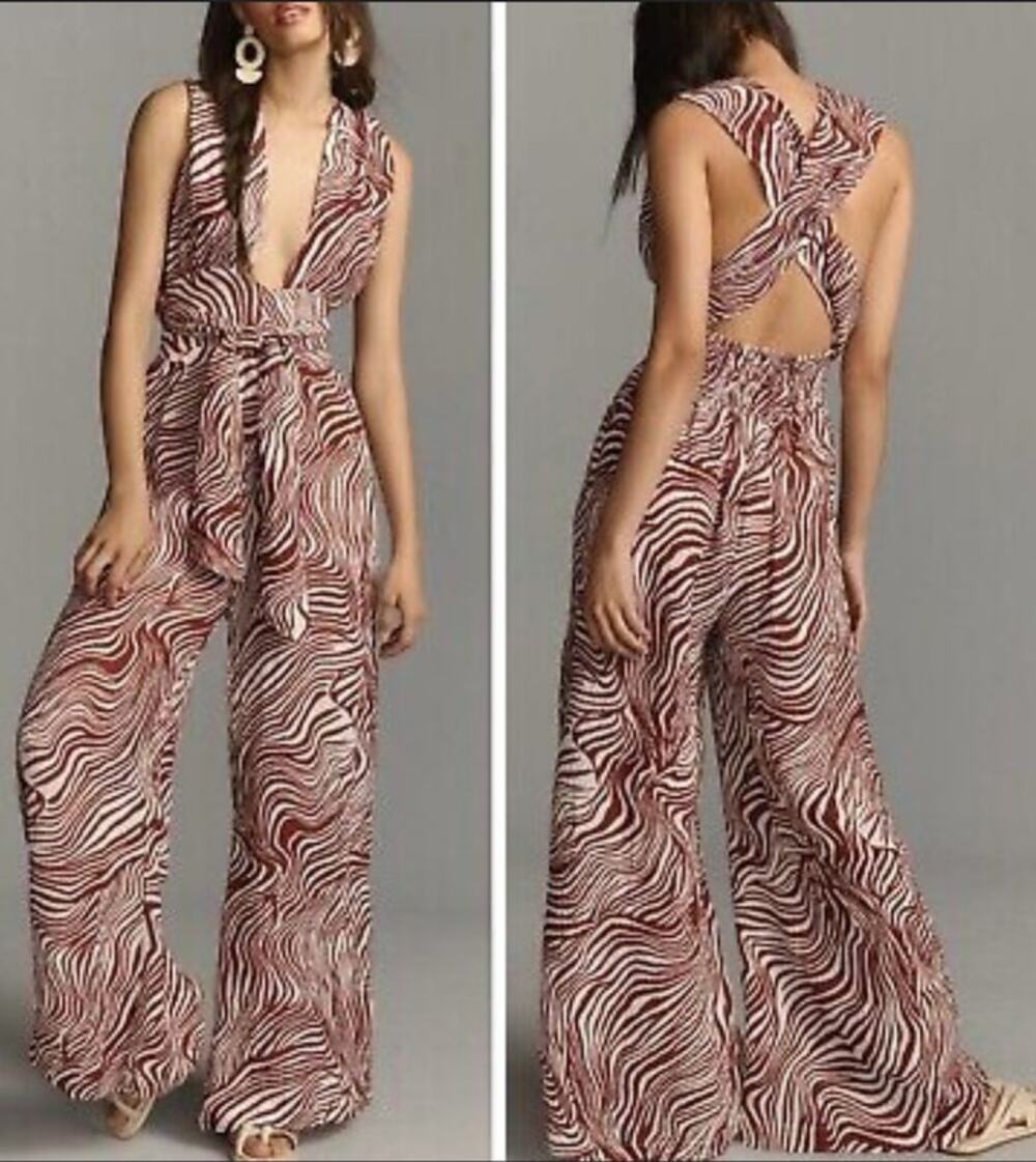FAITHFULL THE BRAND Anthropologie Vacanza Linen Zebra Halterneck Jumpsuit SZ 4